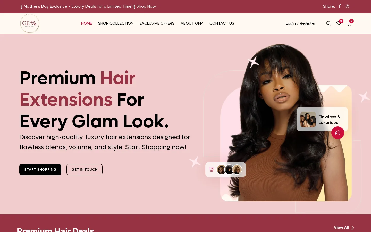 Luxury hair extensions e-commerce — website for GFM Extensions